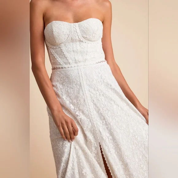 Lulus Eldoria White Lace Strapless Bustier Maxi Dress S Wedding Bridal Party - Picture 4 of 11
